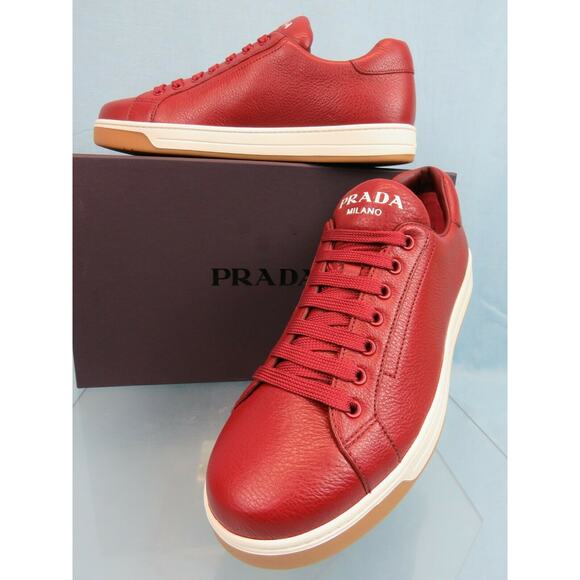 NIB PRADA 4E3507 RED TEXTURED LEATHER LACE UP LOGO LOW TOP SNEAKERS 7 US 8 - Picture 7 of 12